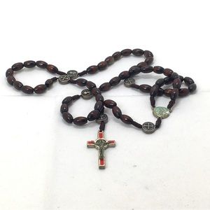 Vintage Mahogany Beaded Rosary. Silver Cross And Our Father Beads